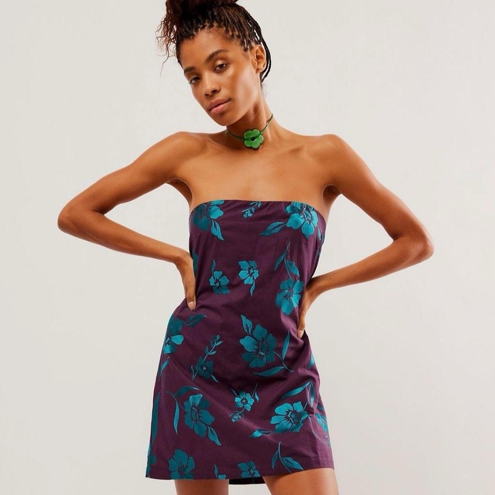 Free People Strapless Purple Dress with Teal Floral Print